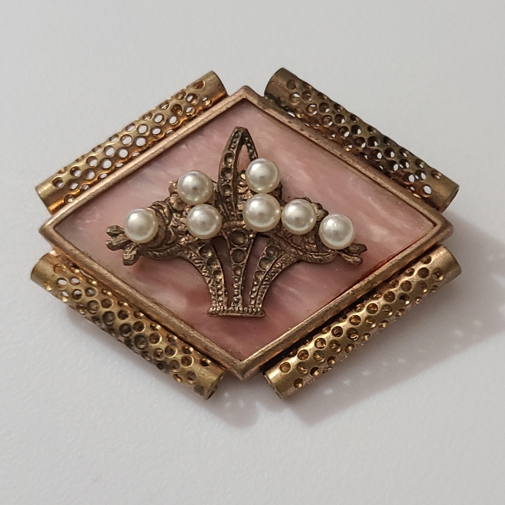 Vintage France 1940's Brooch Flower Basket Pearls Unique Trombone Clasp Estate